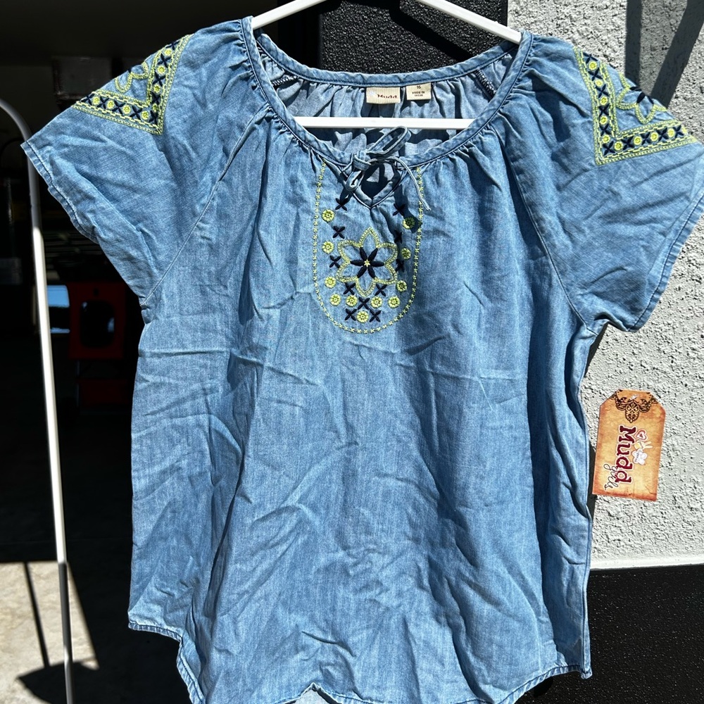 Muse Denim Blue Blouse with Green Embroidery